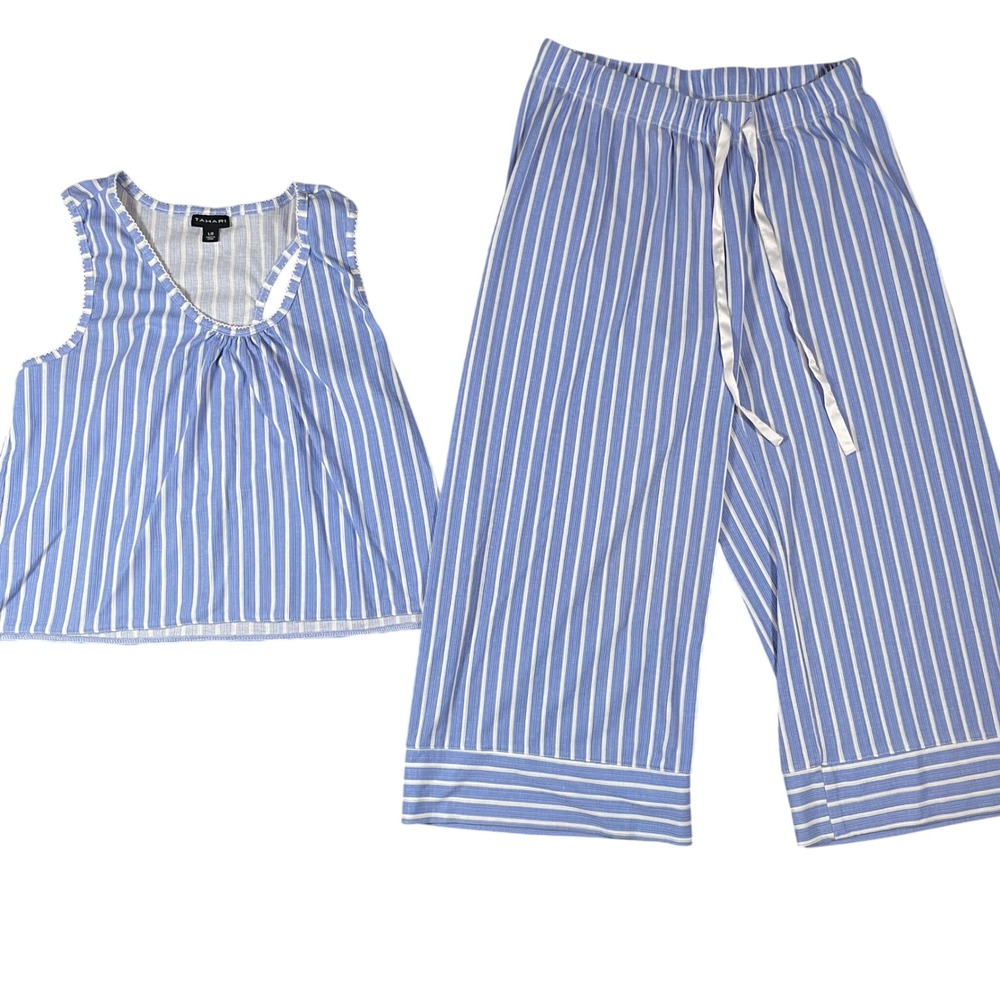 Tahari Striped Pajama Set Tank & Wide Leg Crop Pants Large Blue White Lounge